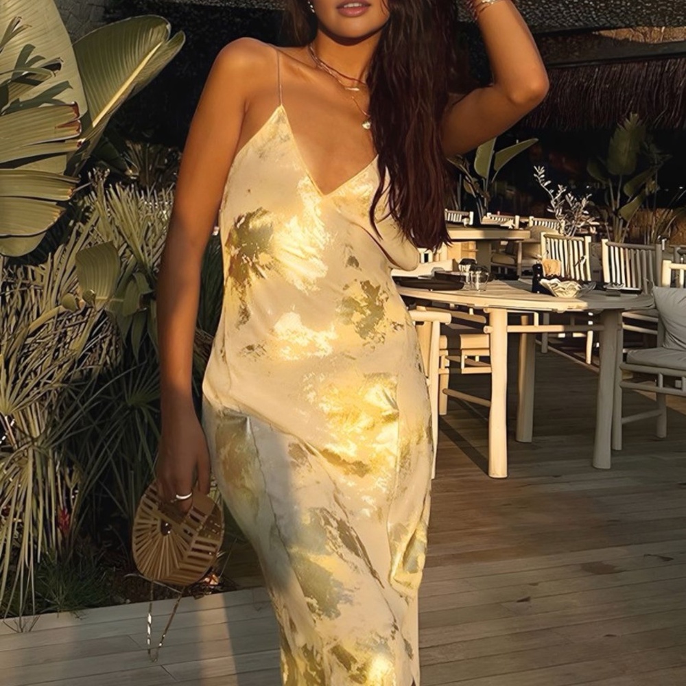 Shimmering Metallic Print V-Neck Backless Slip Maxi Dress
